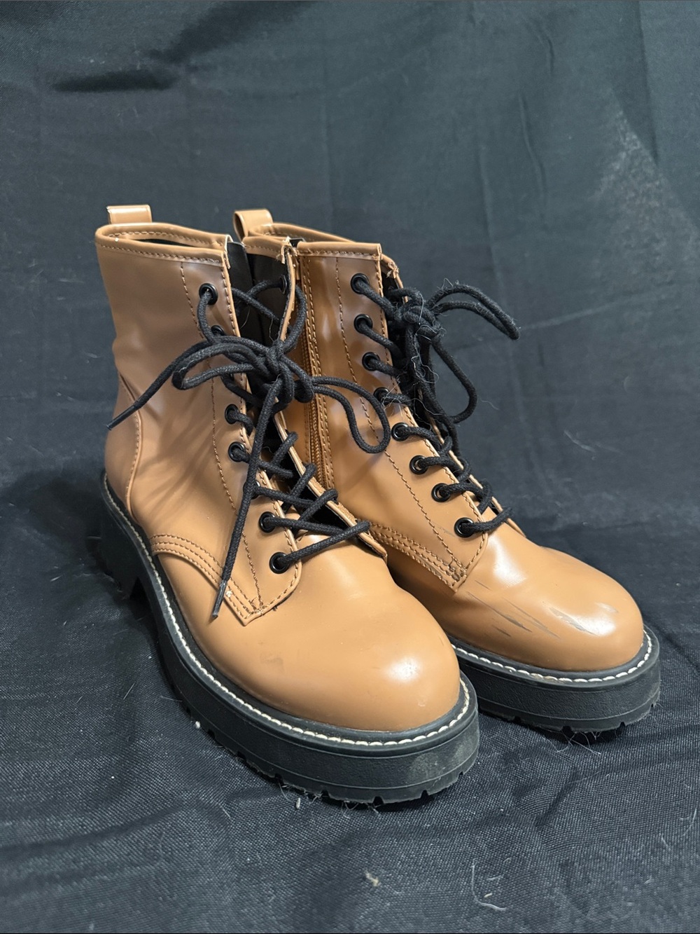 Madden Girl Tan Lace-Up Combat Boots with Black Lug Sole